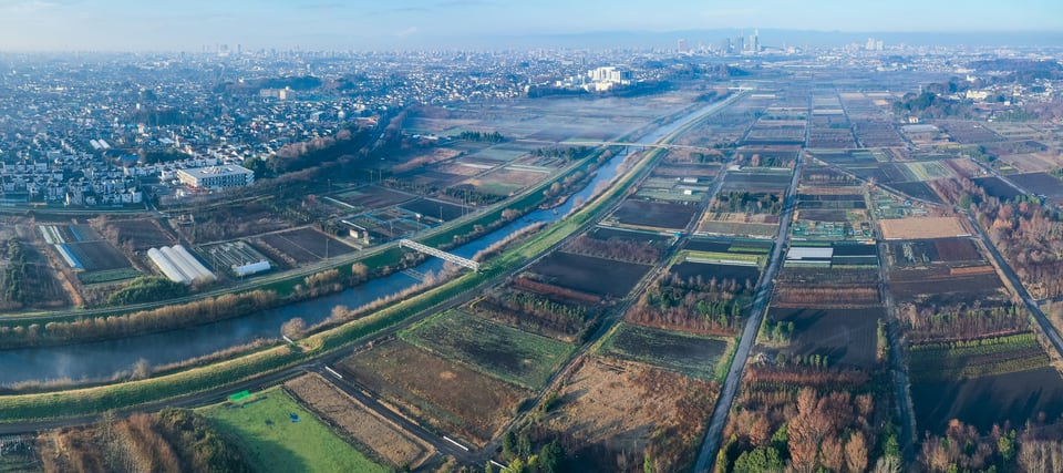 上空からパノラマ写真機能を使って撮影した田園地帯の風景